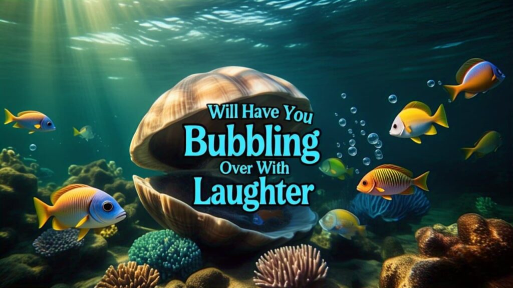 Cartoon fish laughing underwater surrounded by colorful bubbles and sea creatures, with playful text saying "200 Fish Puns That'll Have You Bubbling Over with Laughter".