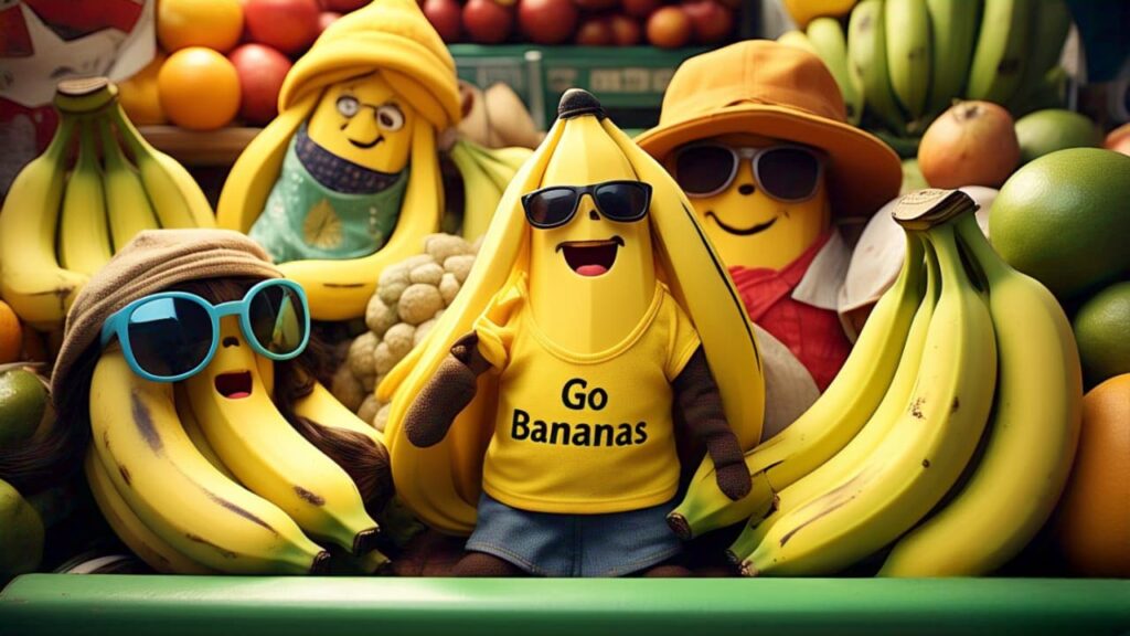 Playful banana puns with cartoon faces and sunglasses are surrounded by fruit. The central banana wears a "Go Bananas" shirt, creating a fun, cheerful vibe.