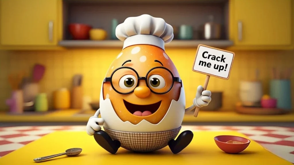 A cartoon egg character dressed as a chef holds a sign that reads "Crack me up!" with clever egg puns in a colorful kitchen setting.